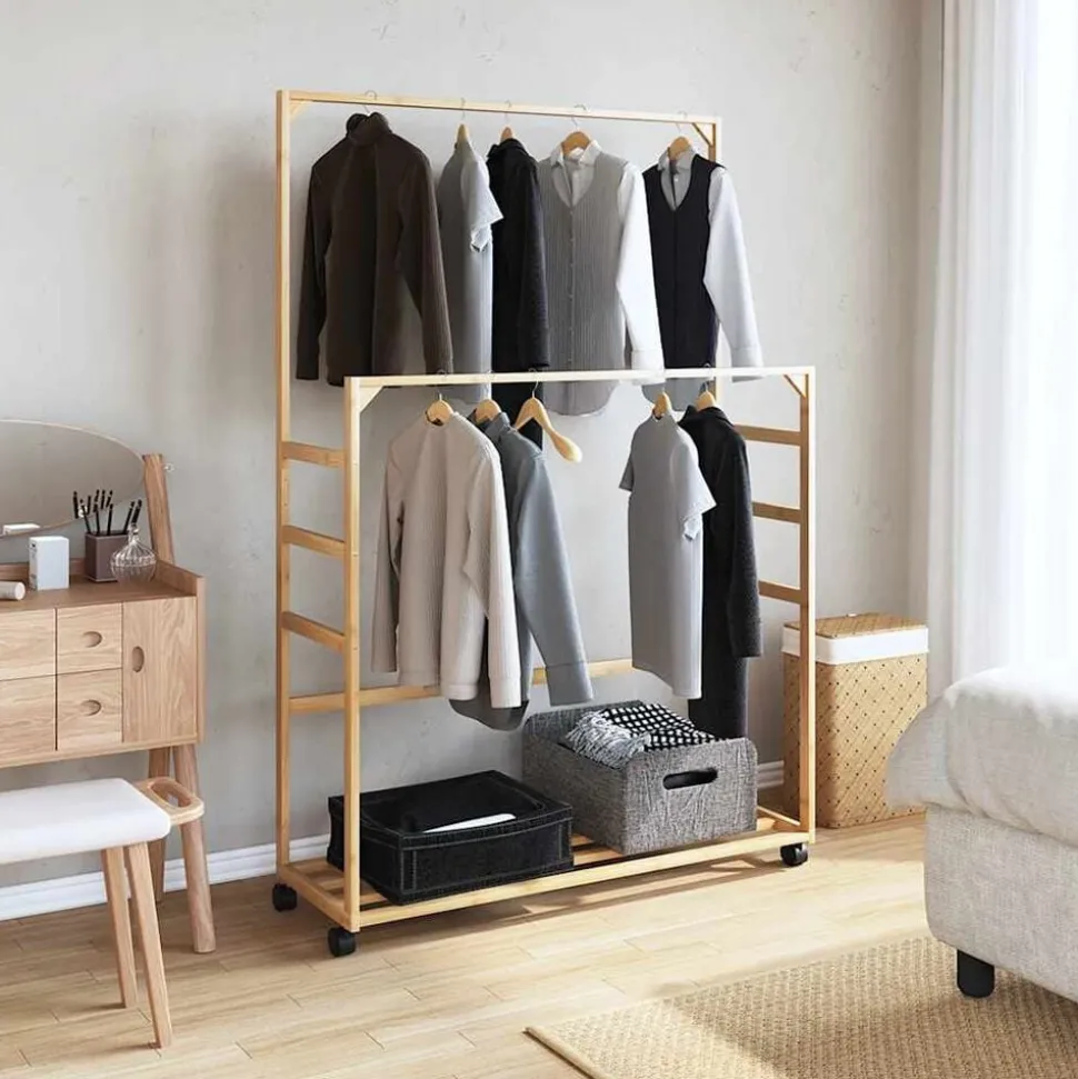 vidaXL Kledingrek met schappen en wielen 90x35x155 cm bamboe