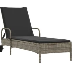 vidaXL Ligbed met wielen en kussen poly rattan grijs