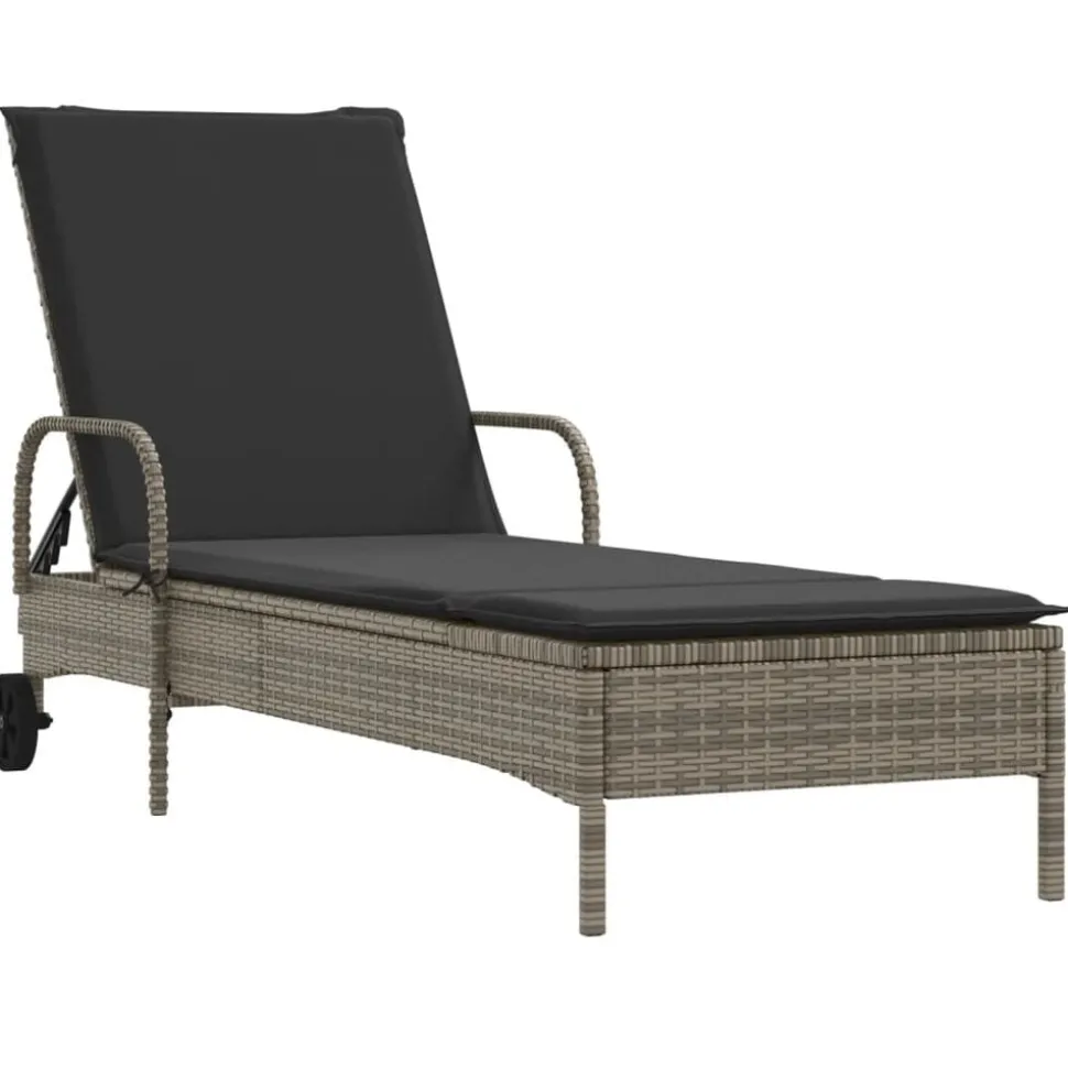 vidaXL Ligbed met wielen en kussen poly rattan grijs