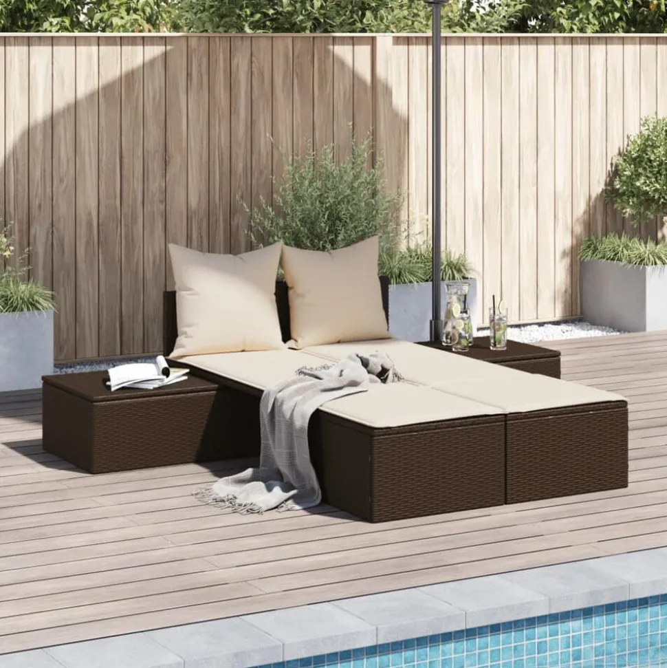 vidaXL Ligbed 2-persoons met kussens poly rattan bruin
