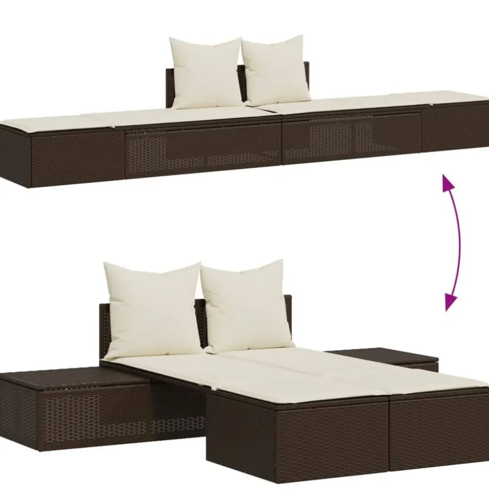 vidaXL Ligbed 2-persoons met kussens poly rattan bruin