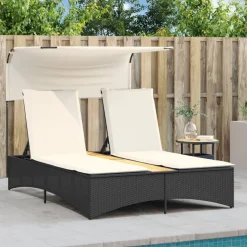 vidaXL Ligbed 2-persoons met luifel en kussens poly rattan zwart