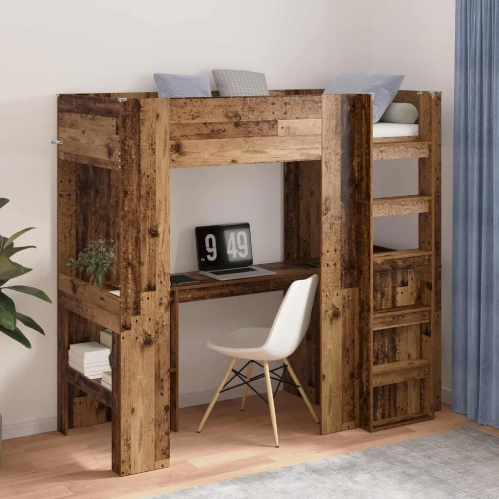 vidaXL Loft Bedframe met Bureau Oudhout 75 x 190 cm Bewerkt hout