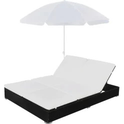 vidaXL Loungebed met parasol poly rattan zwart
