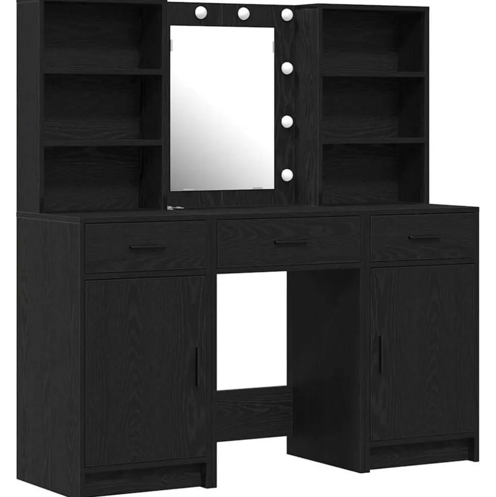 vidaXL Make-up tafel set met LED 3 pcs Zwart Eiken Bewerkt hout