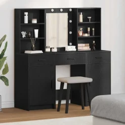 vidaXL Make-up tafel set met LED 3 pcs Zwart Eiken Bewerkt hout