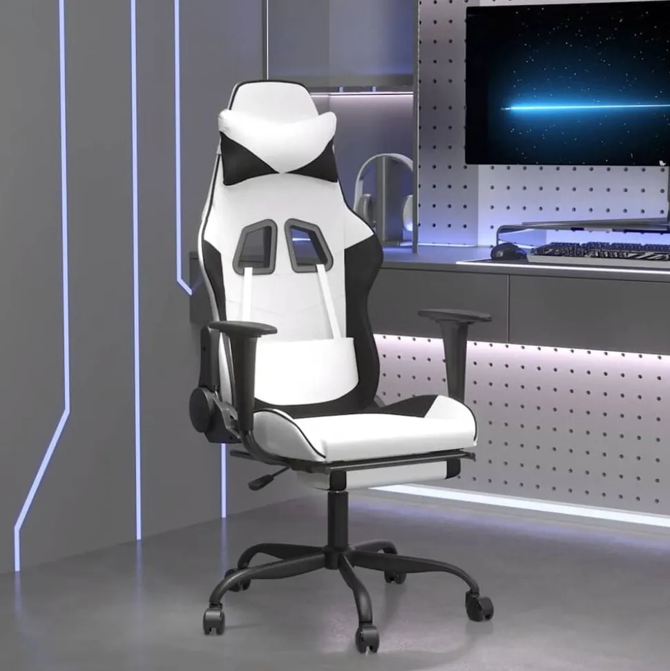 vidaXL Massage gamestoel met voetensteun kunstleer zwart en wit