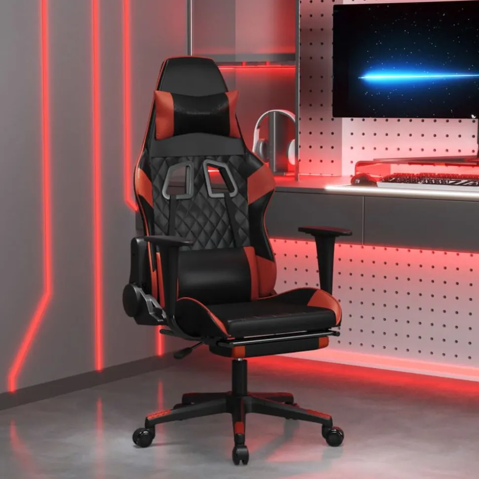 vidaXL Massage gamestoel met voetensteun kunstleer zwart en wijnrood