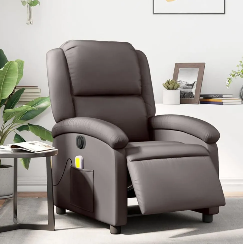 vidaXL Massagestoel elektrisch verstelbaar echt leer donkerbruin