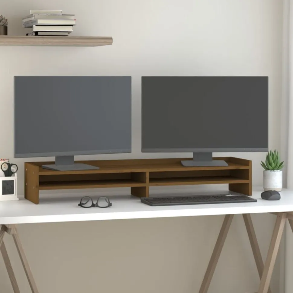vidaXL Monitorstandaard 100x24x16 cm massief grenenhout honingbruin