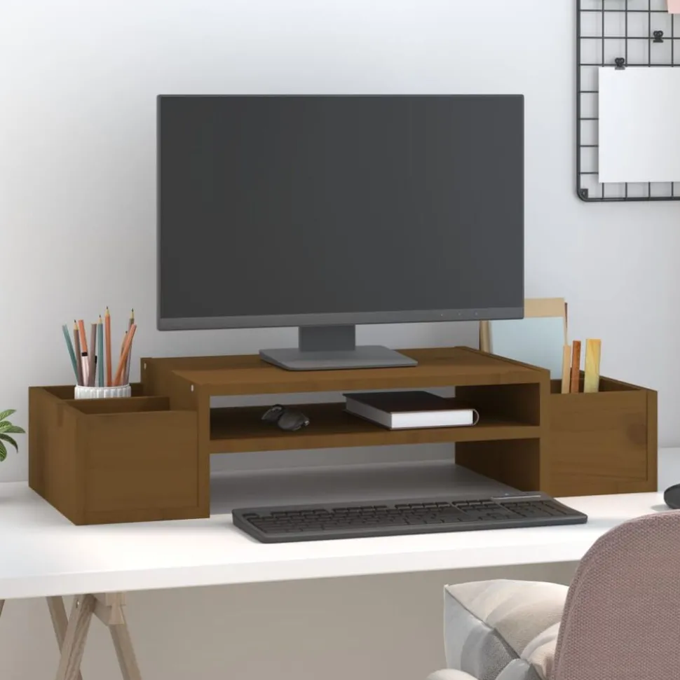 vidaXL Monitorstandaard 70x27,5x15 cm massief grenenhout honingbruin