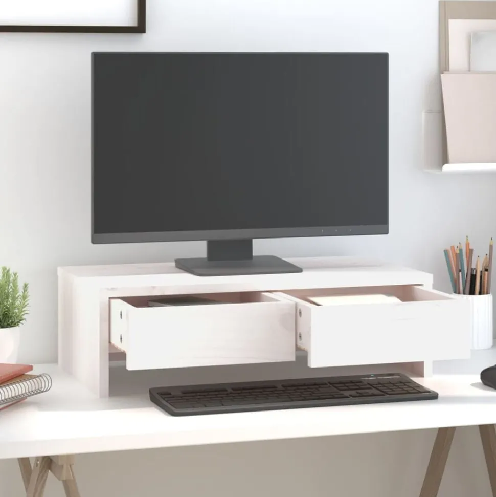vidaXL Monitorstandaard 50x27x15 cm massief grenenhout wit
