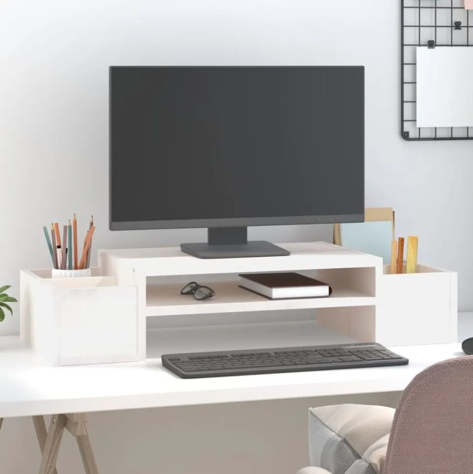 vidaXL Monitorstandaard 70x27,5x15 cm massief grenenhout wit