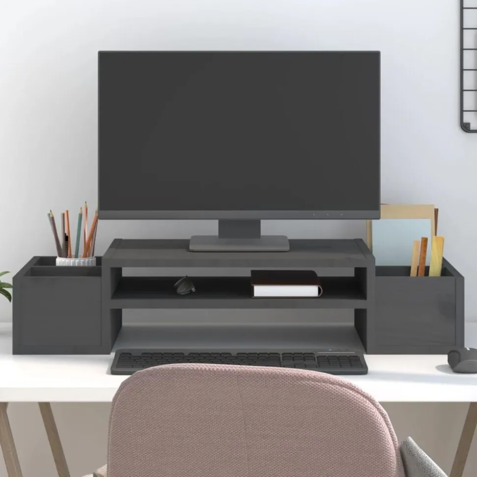 vidaXL Monitorstandaard 70x27,5x15 cm massief grenenhout grijs