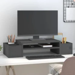 vidaXL Monitorstandaard 70x27,5x15 cm massief grenenhout grijs