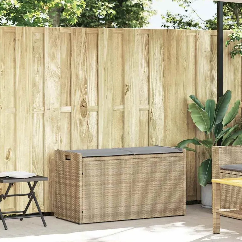 vidaXL Opbergbank met kussen voor buiten 100 cm poly rattan beige