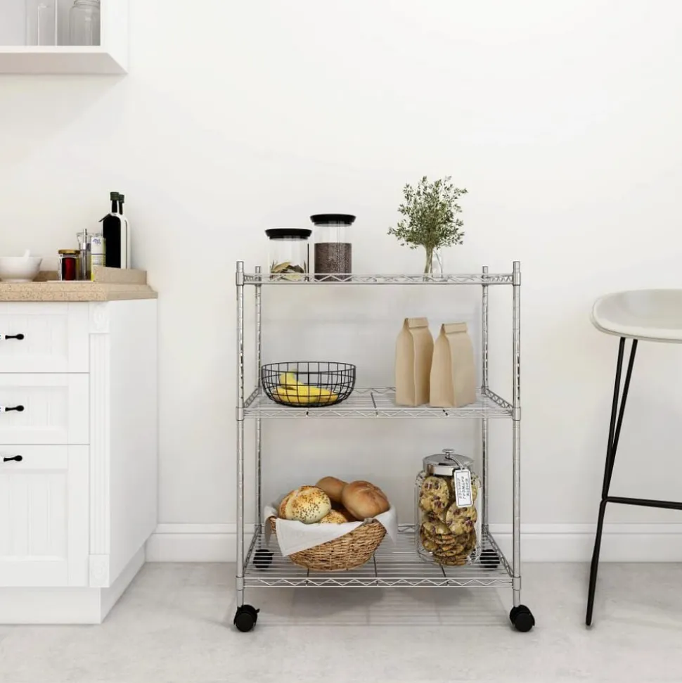 vidaXL Opbergrek met wielen 3-laags 150 kg 60x35x81 cm chroomkleurig