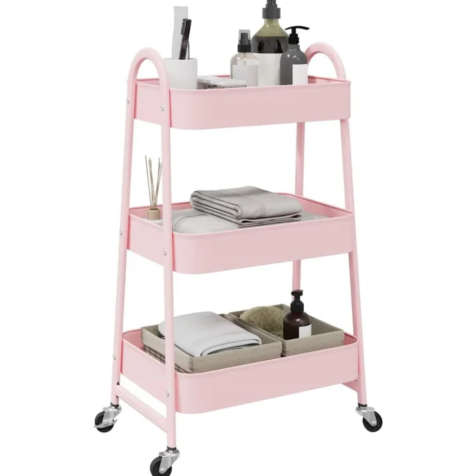 vidaXL Opbergtrolley 3-laags roze 42x41,5x77 cm staal
