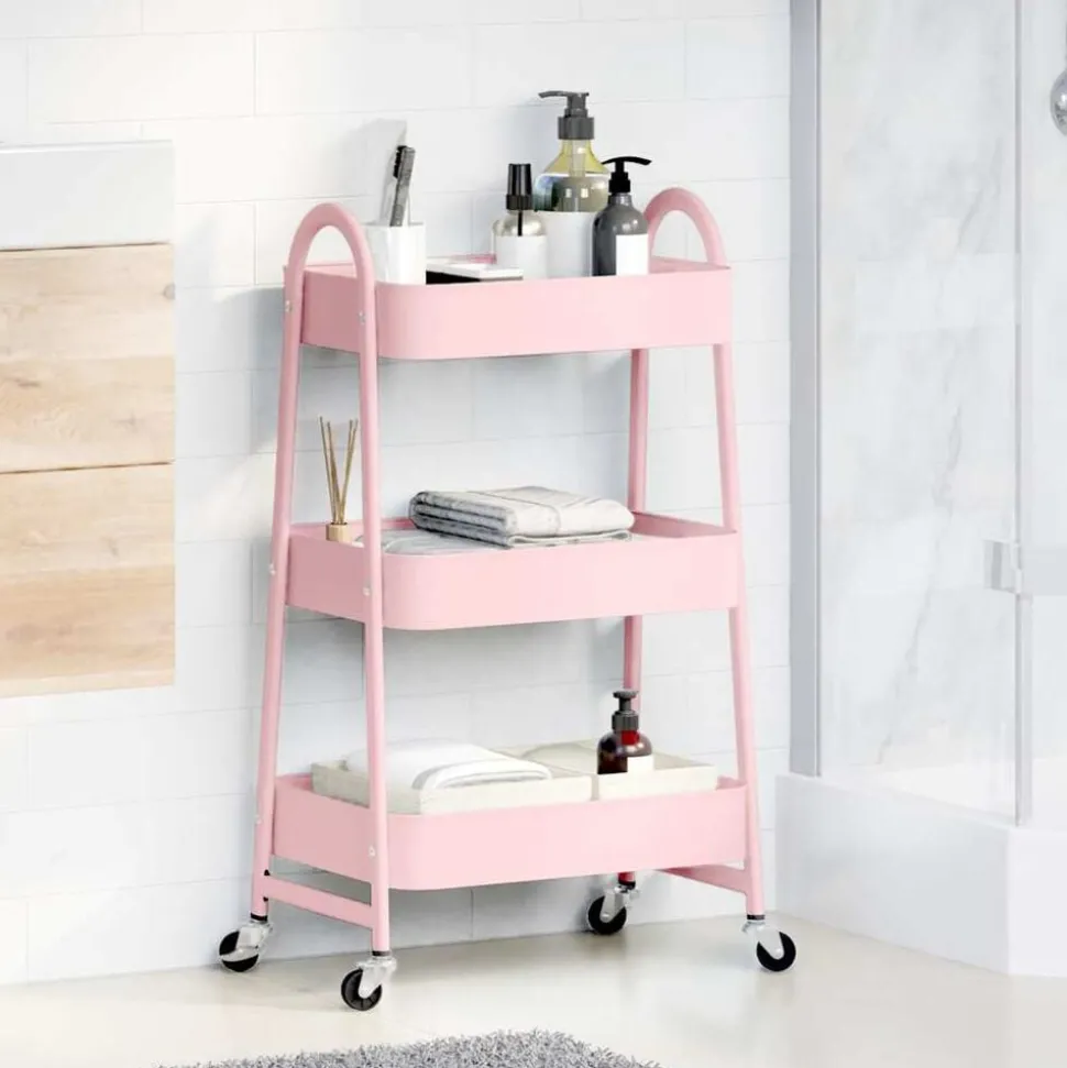 vidaXL Opbergtrolley 3-laags roze 42x41,5x77 cm staal