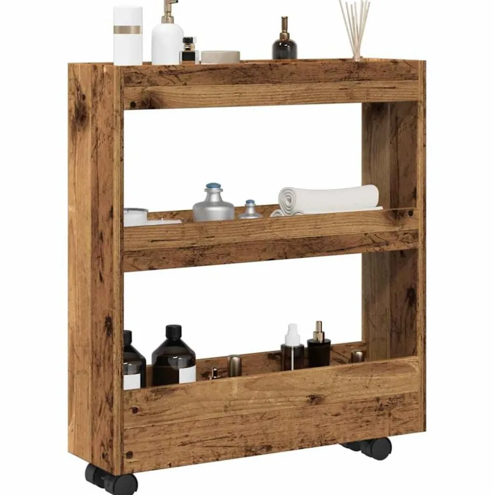 vidaXL Opbergtrolley smal 3-laags bewerkt hout oud houtkleurig