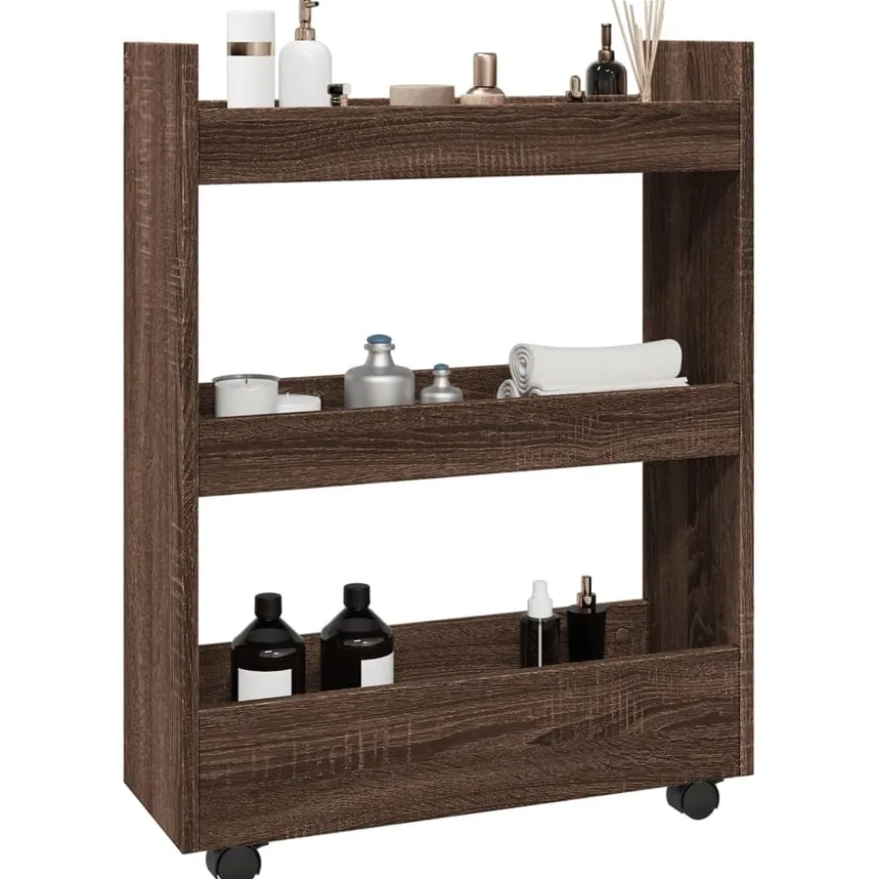 vidaXL Opbergtrolley smal 3-laags bewerkt hout bruin eikenkleurig