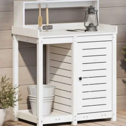 vidaXL Oppottafel met schappen 82,5x50x109,5 cm massief grenenhout wit