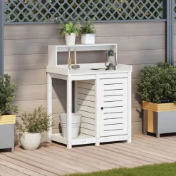 vidaXL Oppottafel met schappen 82,5x50x109,5 cm massief grenenhout wit
