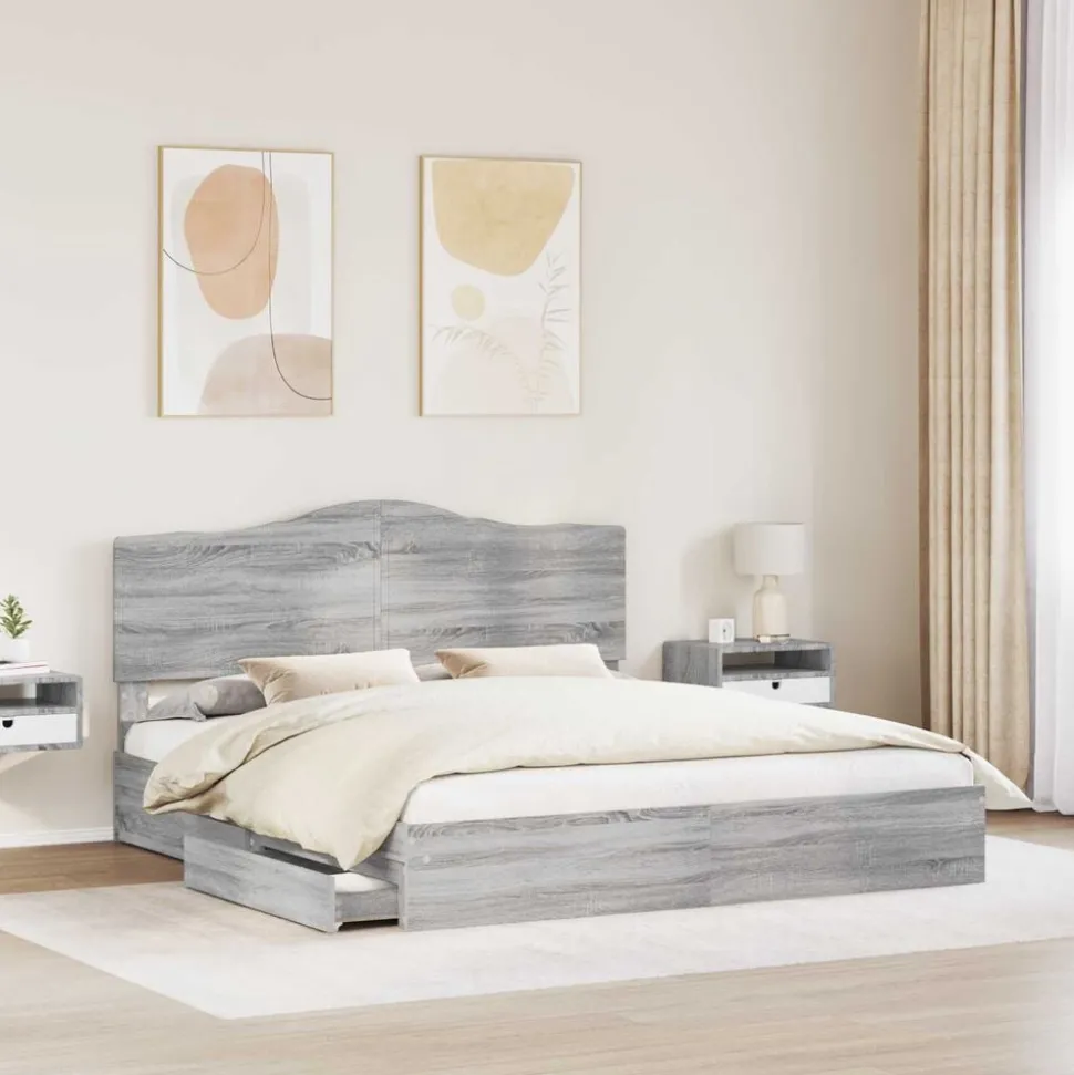 vidaXL Opslag bed met lade Grijs Sonoma 200 x 200 cm Bewerkt hout