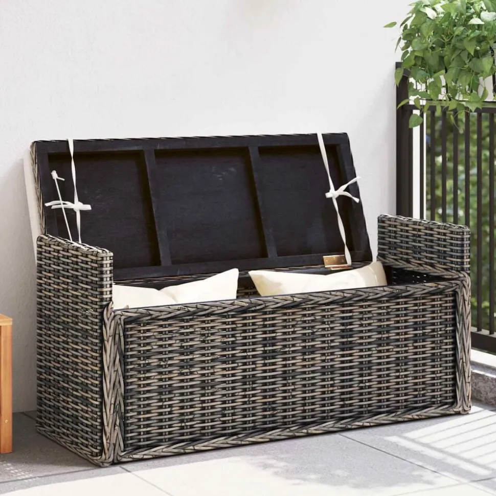 vidaXL Opslagbank met kussen Zwart gewassen 110 x 40 x 50 cm Rattan