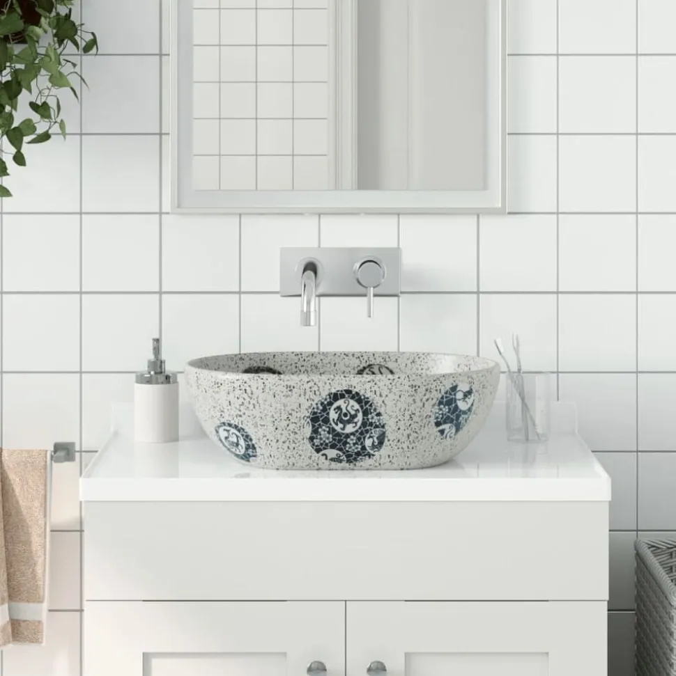 vidaXL Opzetwasbak ovaal 47x33x13 cm keramiek grijs en blauw