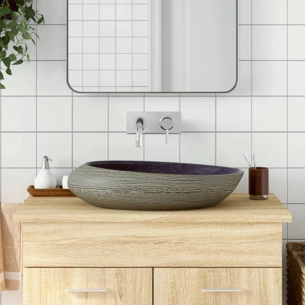vidaXL Opzetwasbak ovaal 59x40x14 cm keramiek paars en grijs