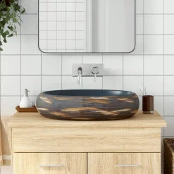 vidaXL Opzetwasbak ovaal 59x40x15 cm keramiek bruin en blauw