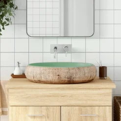 vidaXL Opzetwasbak ovaal 59x40x15 cm keramiek groen en bruin