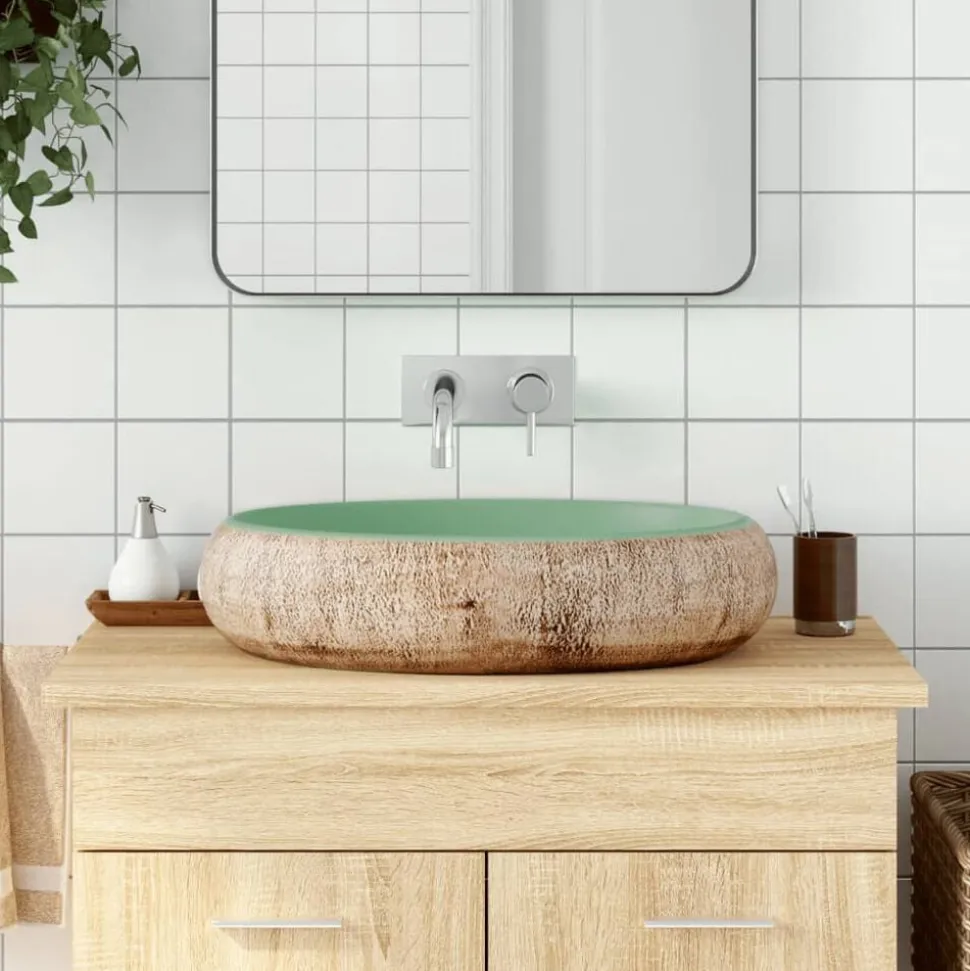 vidaXL Opzetwasbak ovaal 59x40x15 cm keramiek groen en bruin