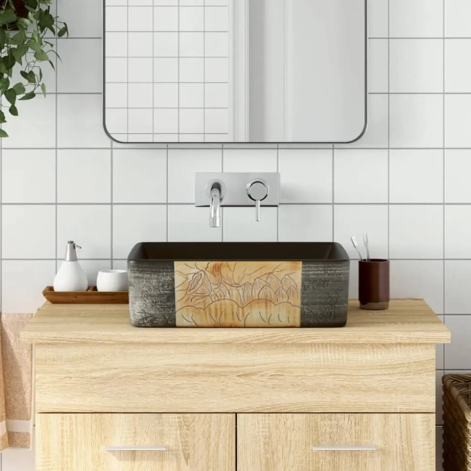 vidaXL Opzetwasbak rechthoekig 46x35,5x13 cm keramiek zwart en bruin