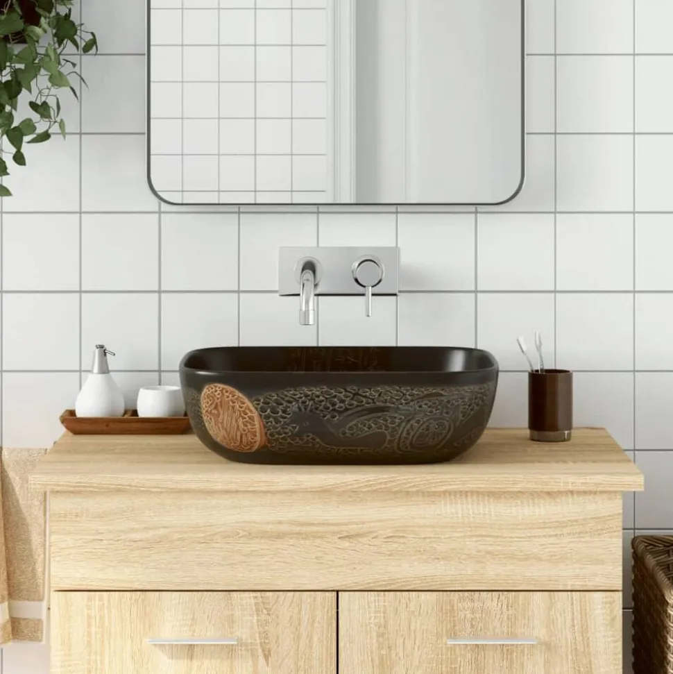 vidaXL Opzetwasbak rechthoekig 48x37,5x13,5 cm keramiek zwart