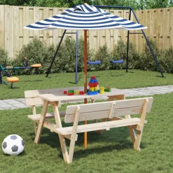 vidaXL Picknicktafel voor 4 kinderen met parasol massief vurenhout