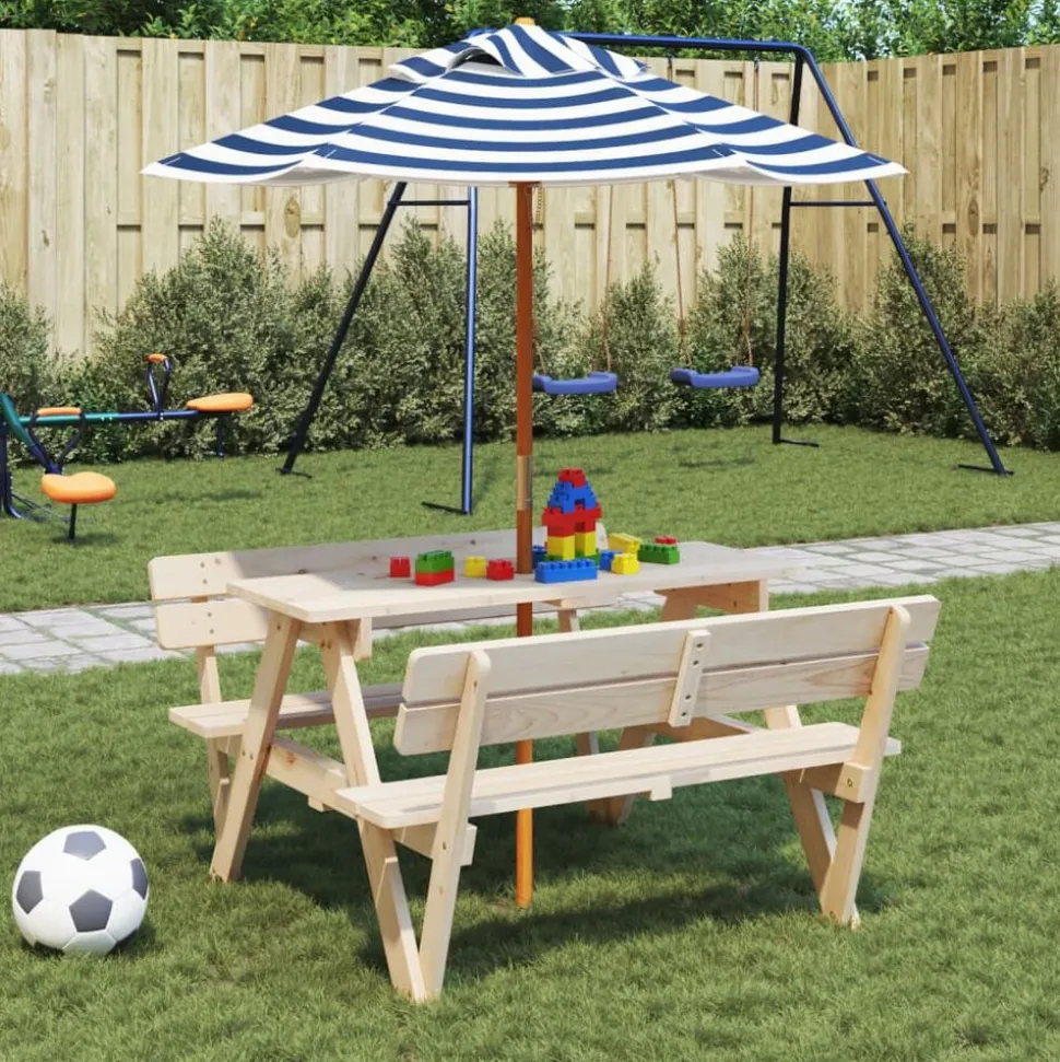 vidaXL Picknicktafel voor 4 kinderen met parasol massief vurenhout