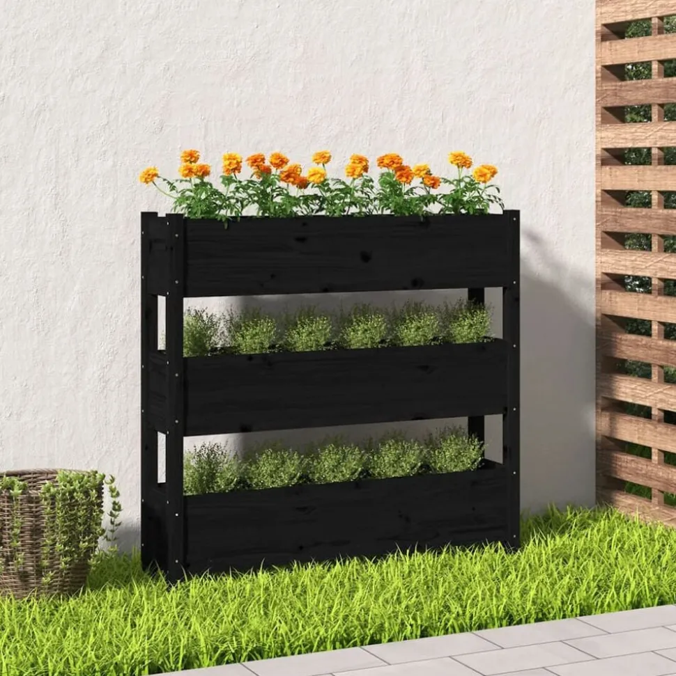 vidaXL Plantenbak 112x25x104,5 cm massief grenenhout zwart