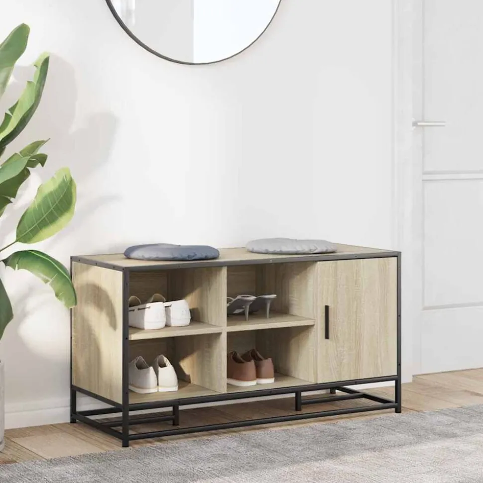 vidaXL Schoenenbank 100x40x53,5 cm bewerkt hout en metaal sonoma eiken