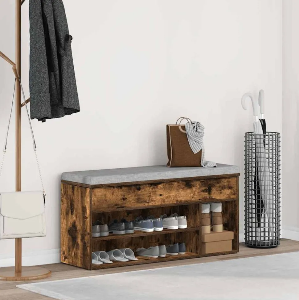 vidaXL Schoenenbank 102x30,5x45 cm bewerkt hout gerookt eikenkleurig