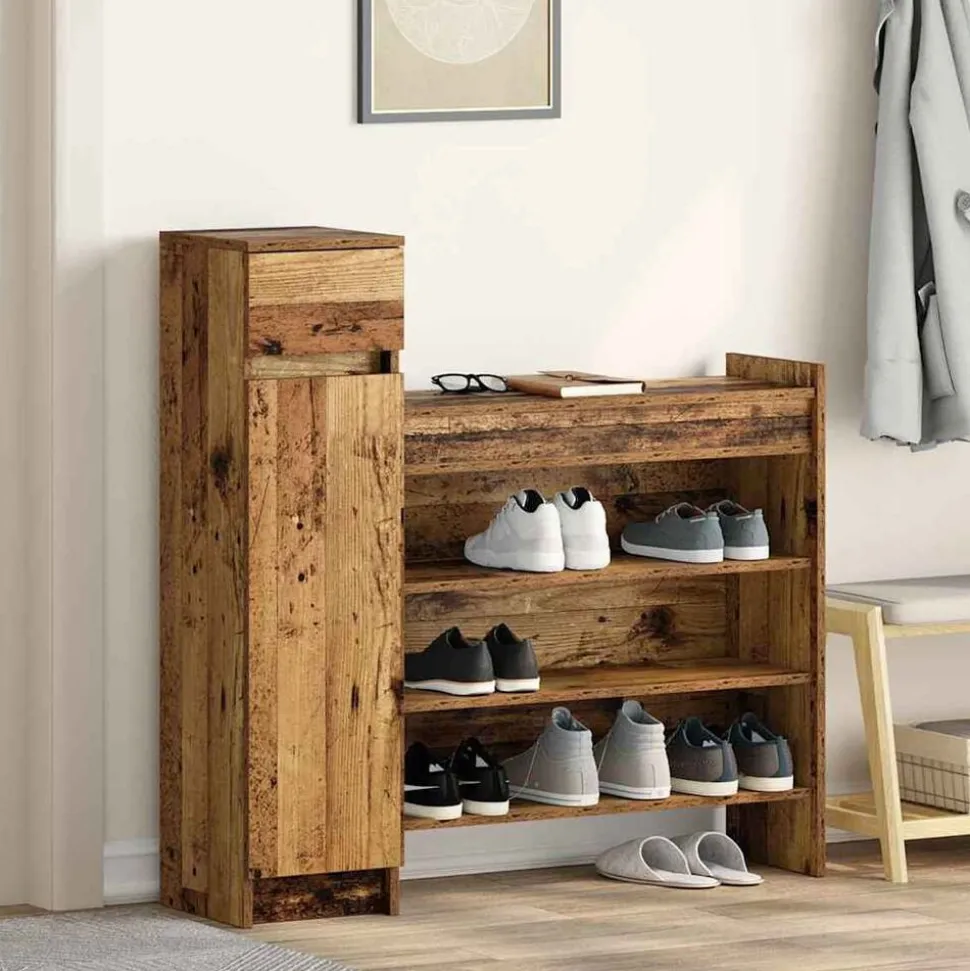 vidaXL Schoenenkast met lade Oudhout 100,5 x 28 x 100 cm Bewerkt hout