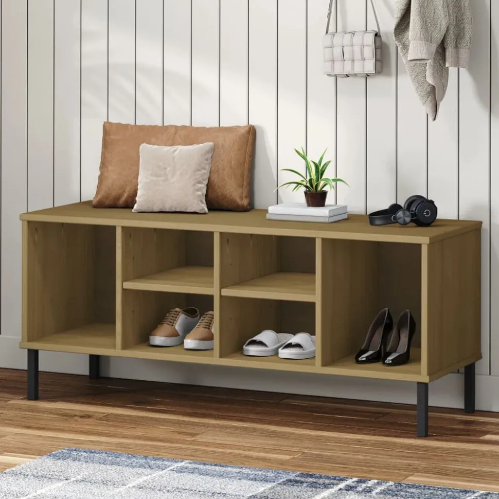 vidaXL Schoenenrek met metalen poten OSLO 106x35x45cm grenenhout bruin