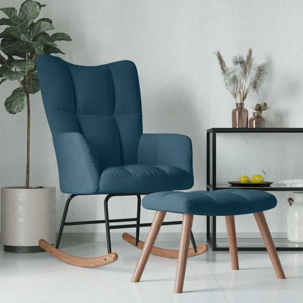 vidaXL Schommelstoel met krukje blauw fluweel