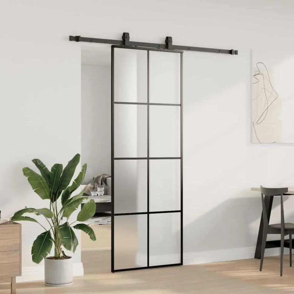 vidaXL Schuifdeur met beslagset 76x205 cm ESG glas zwart
