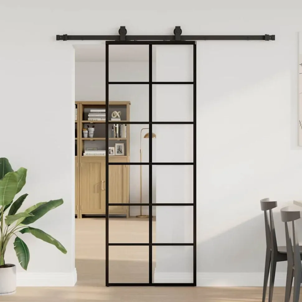 vidaXL Schuifdeur met beslagset 76x205 cm ESG glas zwart