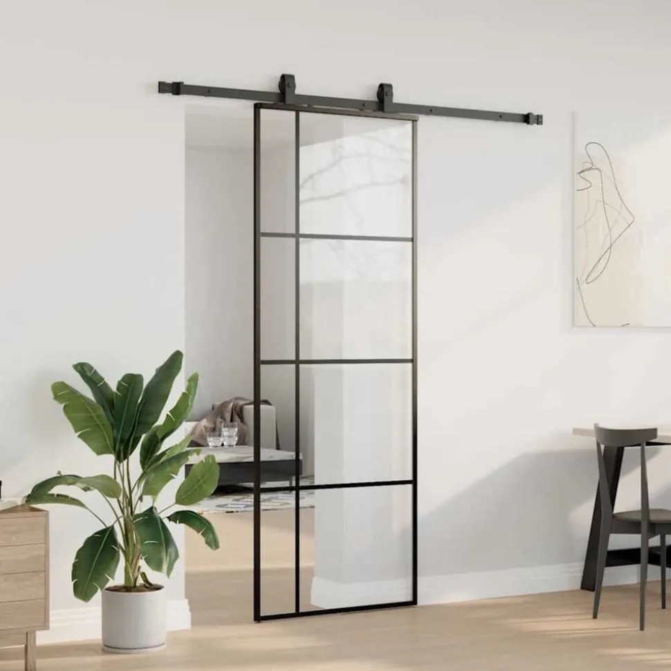 vidaXL Schuifdeur met beslagset 76x205 cm ESG glas zwart