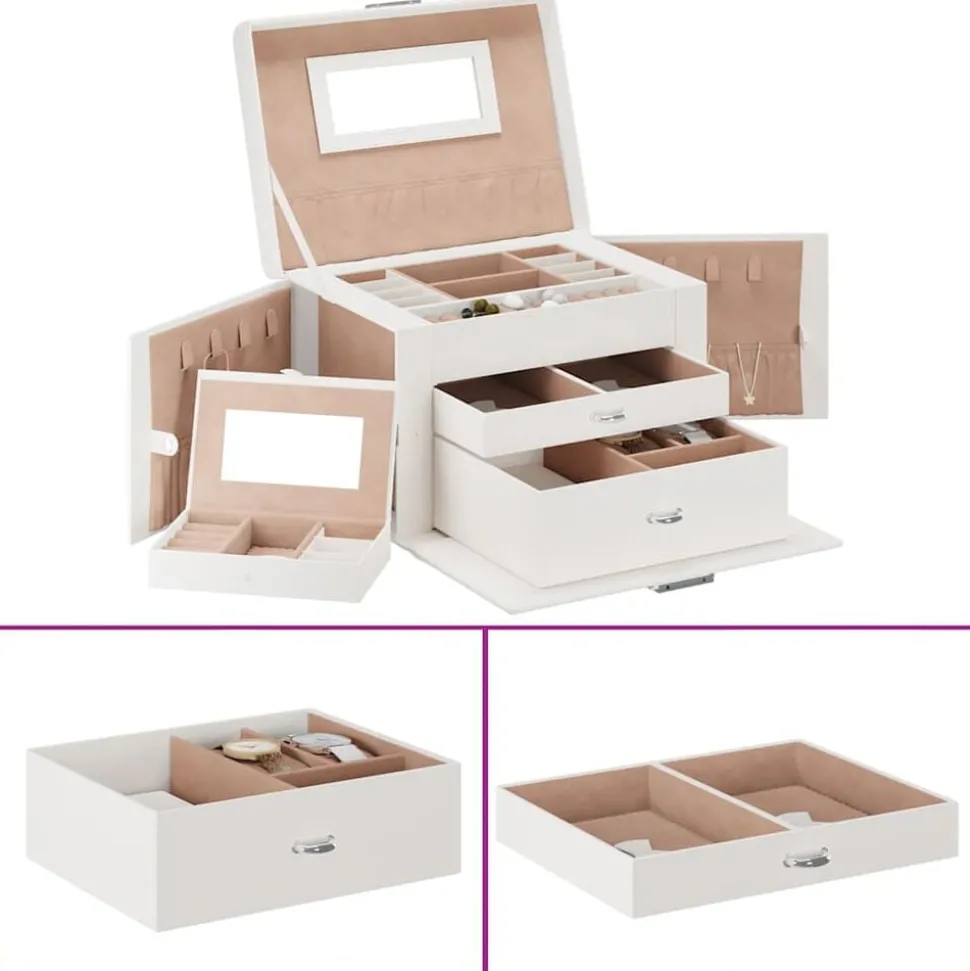 vidaXL Sieradendoosje 3laags met spiegel afsluitbaar 26x18x17,5 cm wit