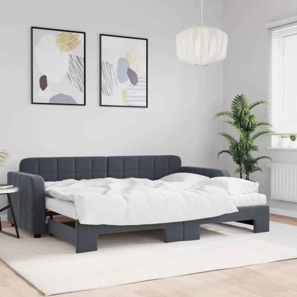 vidaXL Slaapbank onderschuifbed matrassen 80x200cm fluweel donkergrijs