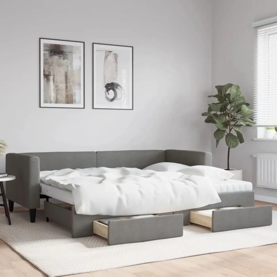 vidaXL Slaapbank onderschuifbed en lades 80x200 cm stof donkergrijs